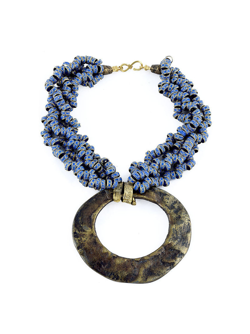 Statement Necklace, Gold Metal with Blue Design
