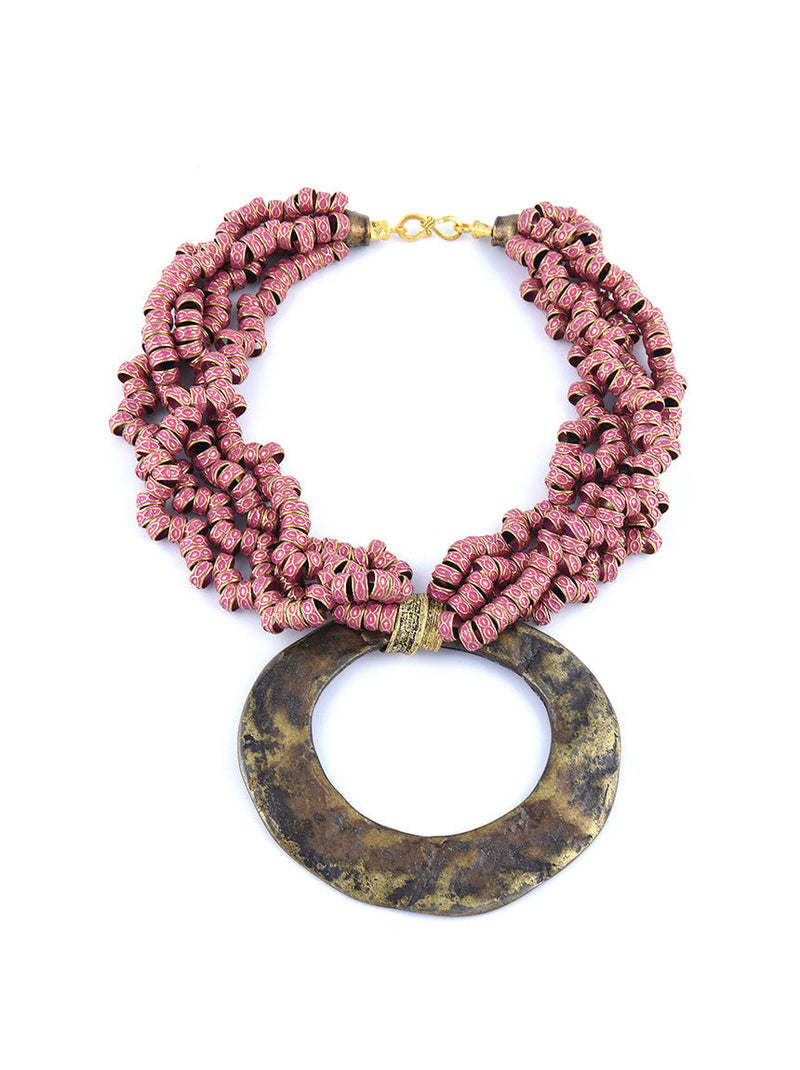 Statement Necklace, Gold Metal with Red Design
