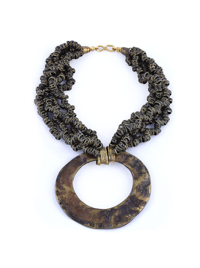 Statement Necklace, Gold Metal with Black Design