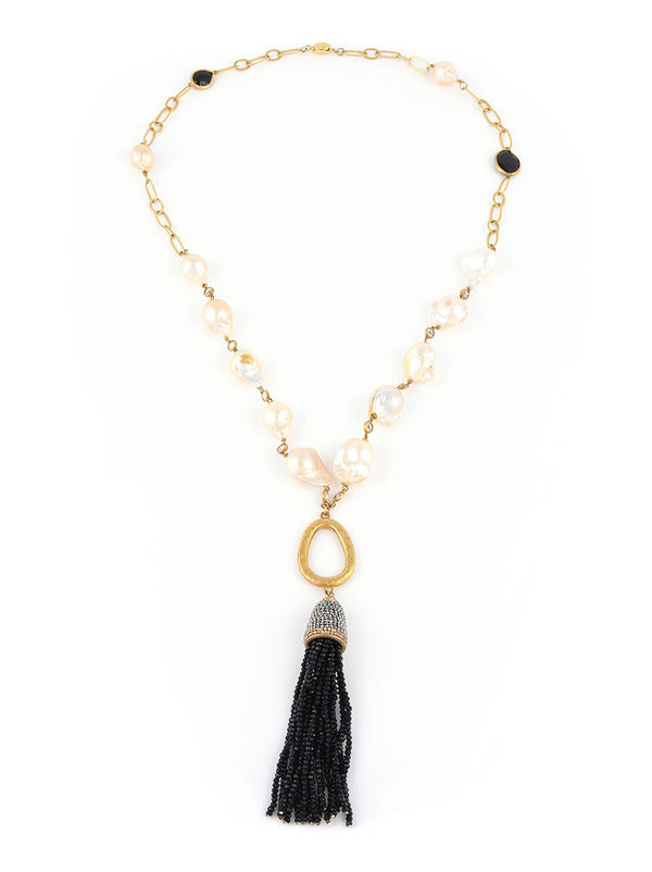 Necklace with Fresh Water Pearls and Black Tassel
