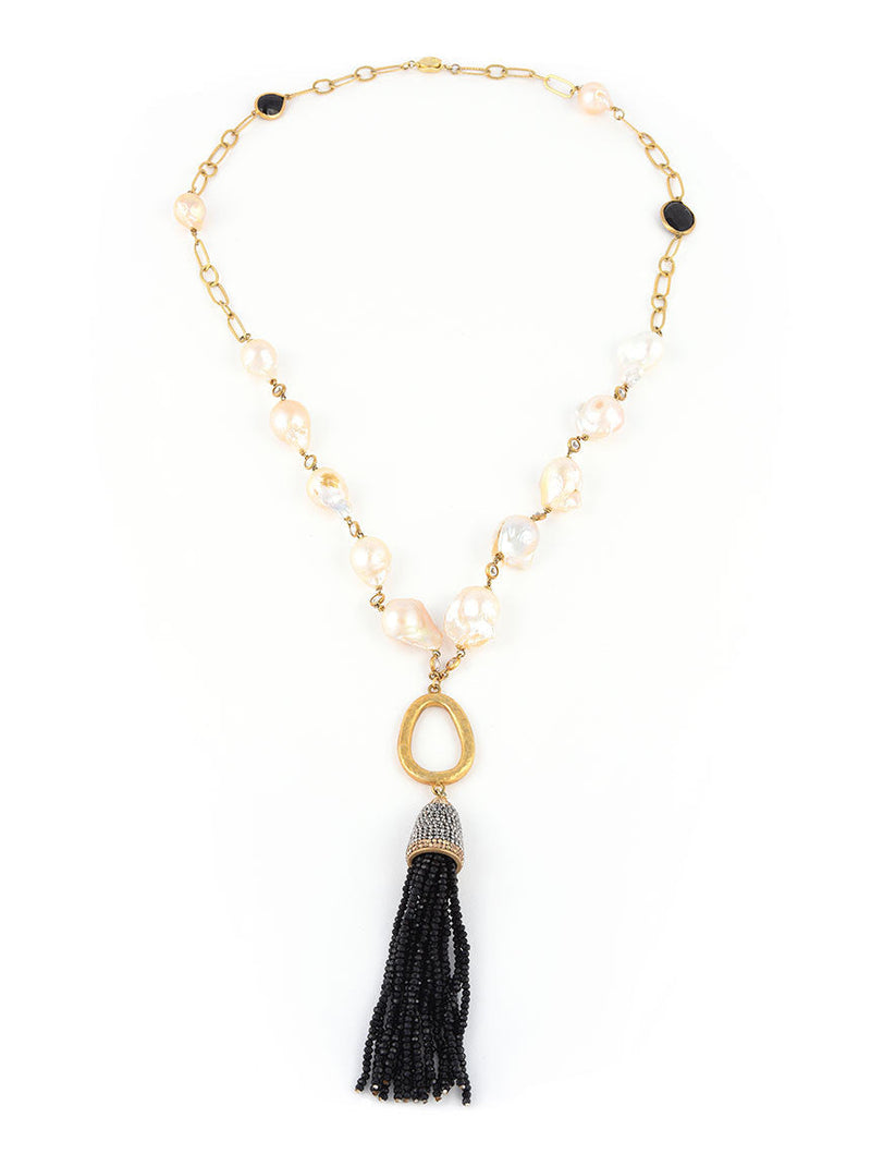Necklace with Fresh Water Pearls and Black Tassel