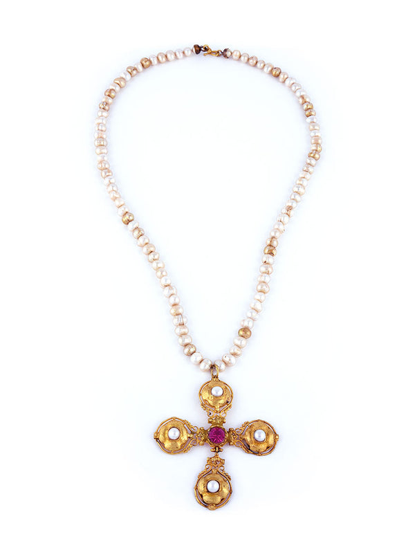 Pearl Necklace with Gold-Plated Cross Necklace