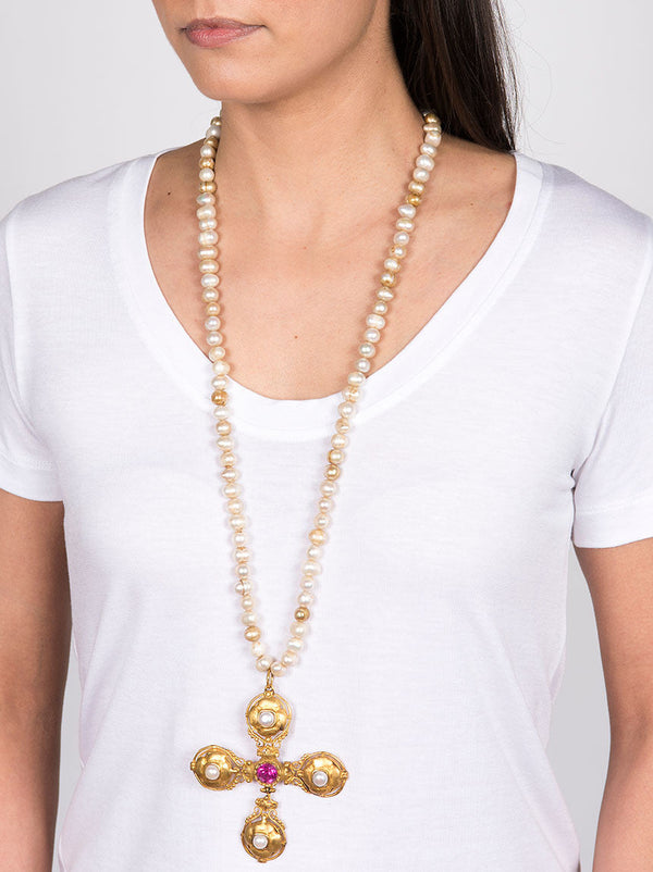 Pearl Necklace with Gold-Plated Cross Necklace