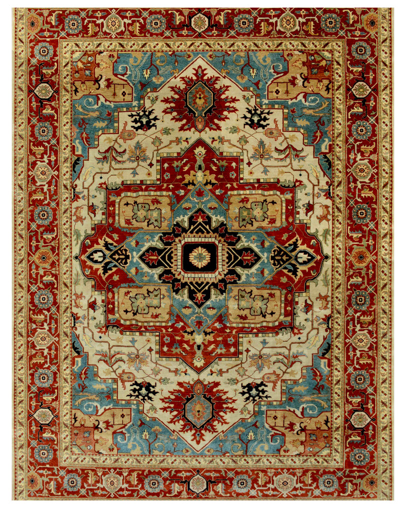 Blue Beige Rust Contrast Traditional Rug