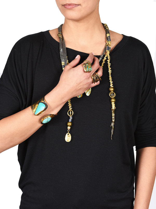 Statement Ring, Gold Metal with Turqoise Design