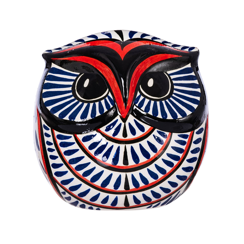 Ceramic Hand-Painted Owl, Red + Royal Blue Pattern