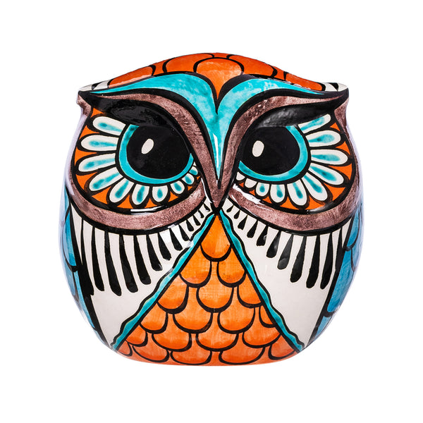 Ceramic Hand-Painted Owl, Orange + Blue