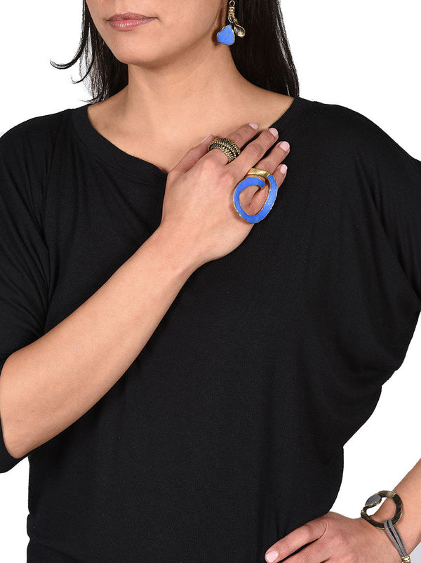 Statement Ring, Gold Metal with Blue Design