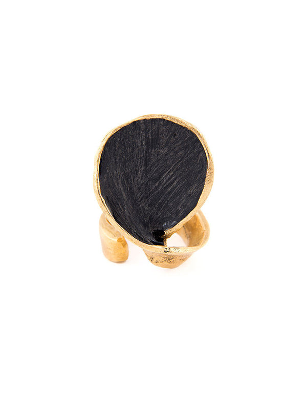 Statement Ring, Gold Metal with Black Design